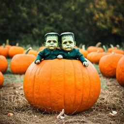 grainy photography, Anne Geddes's two baby Frankenstein sitting atop a giant pumpkin in a fantastical pumpkin patch, Anne Geddes fantastical nature background and aesthetic, satire, sophisticated, macabrely adorable