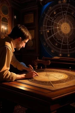 astrologer draws a star map, antique interior, baroque, night, moon is shining, planets