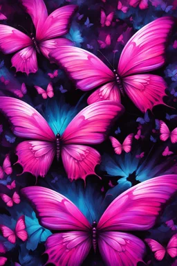 vibrant psychedelic oil painting image, airbrush, 64k, cartoon art image of background HOT PINK and BLACK BUTTERFLIES , futurism style