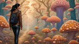 woman with black hair in a ponytail, in light brown leather trousers and jacket, walking through a forest of colourful Alien mushrooms with jellyfish tentacles, photorealistic, Intricate Detail