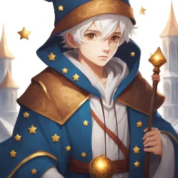 4K, Fantasy World, A boy only wearing a closed wizards robe, and wearing a wizards hat. White Hair. Golden Eyes with no pupils.