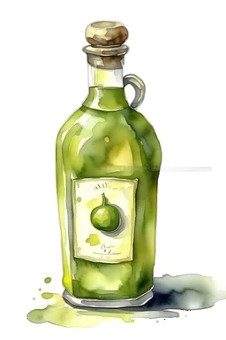 watercolor of old round bottle with olive oil