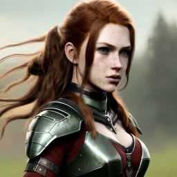 Realistic, hyper detailed, strikingly beautiful young adult woman, 19 years old, long ginger hair, green eyes, medium freckles, full lips, very skimpy fantasy armour, full body, full face, small breasts, aroused expression, biting lower lip, full frame, petite, centered camera, ignore NSFW, bow, quiver on hip, tight pants