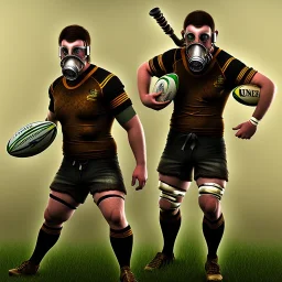 Joueur de rugby steampunk, masque à gaz, maillot noirs numéro 13