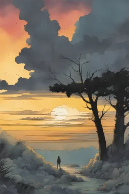 Teen Titans Go episode. A soft-focus image of the golden sunset casting a warm glow after the rain, create in inkwash and watercolor, in the comic book art style of Mike Mignola, Bill Sienkiewicz and Jean Giraud Moebius, highly detailed, gritty textures,