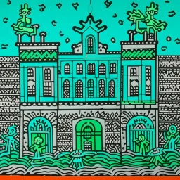 A mint colored fortress in a thunderstorm painted by Keith Haring