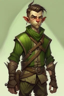 half orc teenage boy wearing rogue clothing, mischevious