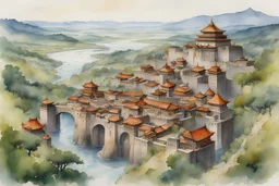 fantasy watercolor painting of a walled city with Mongolian empire architecture in a forested river valley surrounded by wooded hills with a vast plain in the distance