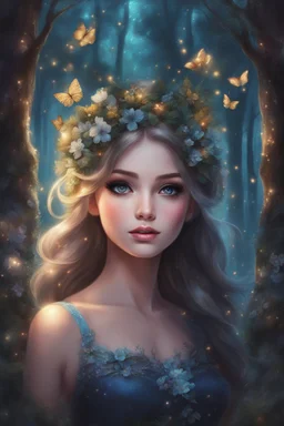 Painting of a beautiful girl, beautiful, haunted forest, flowers on her head, glitter dress, young girl, fantasy art, anime portrait, barbie face, big eyes, bright eyes, dream, trees, forest background, dark night, song, glitters background, fantasy, high quality, 8k