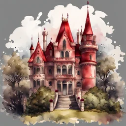 watercolor drawing gothic vintage castle with dark red flowers and rubies, with white lace, white background, Trending on Artstation, {creative commons}, fanart, AIart, {Woolitize}, by Charlie Bowater, Illustration, Color Grading, Filmic, Nikon D750, Brenizer Method, Side-View, Perspective, Depth of Field, Field of View, F/2.8, Lens Flare, Tonal Colors, 8K, Full-HD, ProPhoto RGB, Perfectionism, Rim Li