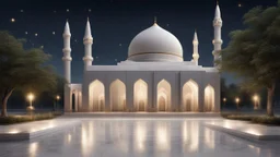 Hyper Realistic Beautiful-Decorated-Huge-Grey-Brick-Mosque with white-marble-flooring & Beautiful-Lighting-Decorations at night with stars on sky & beautiful trees