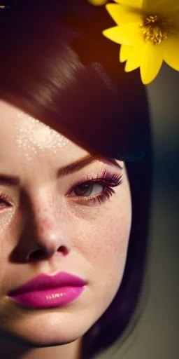 Emma Stone no underwear with yellow flowers for hair, closed eyes, rtx, reflection, 8k, glow, winning photography, caustics