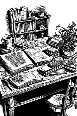 desk black and white book illustration