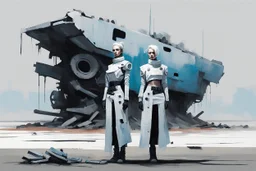((3)) determined cyberpunk women (wearing white khiton:2) standing in front of a howercar wreck, acrylic painting, minimal art, centered, wild sparse brushstrokes, amazing verticals, great parallels, low bleak colors of gray, blue and black, excellent negative space contrasts