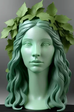 Full rubber female face with rubber effect in all face with pastel green long hair sponge rubber effect with dark green leaves on the hair