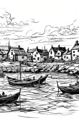 English fishing village blotchy ink minimalist loose outline sketch