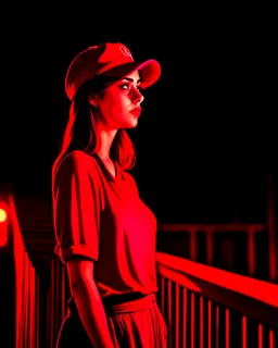 woman with a red baseball hat. leaning on a wooden balcony. night time. fantasy. medieval.