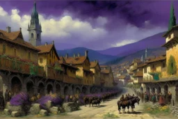 A purple Day of the Dead themed town painted by Gustave Courbet