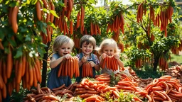 Young children harvesting cooked sausages from sausage bushes, bushes are laden with all kinds of cooked sausages hanging from the branches, happy, delighted, piles of cooked sausages, sunshine, octane render, 16k post-production, artstation: award-winning: atmospheric: commanding: clarity: ultra quality: striking: brilliance: stunning colors: amazing depth; lens: f/16, 28mm