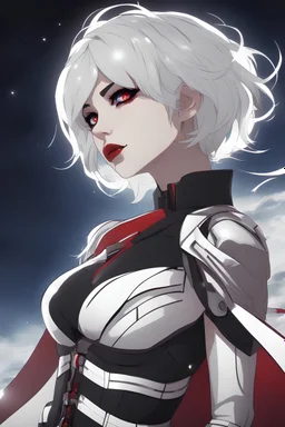 Pale Woman with short white hair, red eyes, scar over eye, silver and white futuristic corset, wearing a skirt and thigh boots, smirking, smug, night sky background, RWBY animation style