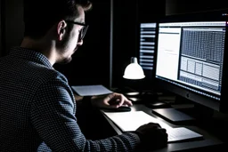 Someone sitting in front of a computer checking information and sources.