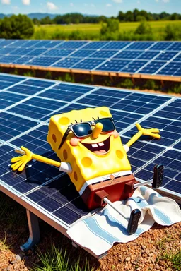 Spongebob lying on a solar panel, sunbathing, sunglasses on, towel on his legs, solar farm in the background