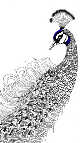 White, minimalis line art, peacock realistis, white background, full image, black lines, vector, centered on canvas