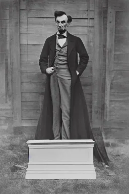 Abraham Lincoln standing beside a coffin with his hand on the lid vintage photography, beautiful, Tumblr aesthetic, retro sepia vintage style, HD photography, hyperrealism, beautiful, natural, realistic ultra HD