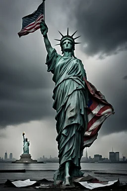 the statue of liberty, dress dirty and torn, her face solemn and terse, trash littered at her feet, she holds a crumpled american flag as she walks away, back to the viewer, under a dark and dreary sky
