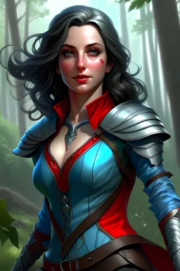 create an adult female air genasi from dungeons and dragons, black medium hair, light blue eyes, light blue skin, wavy hair, wearing red leather clothing, very realistic, full body, digital painting, high resolution, forest background, a bit zoomed out