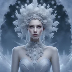 a woman with a wreath of flowers on her head, beautiful fractal ice background, photoreal, elves, style of ilya kushinov, tarot card the empress, snow and ice, hyperrrealistic bone structure, cgsociety - w 1 0 2 4 - n 8 - i, [[fantasy]], shot with Sony Alpha a9 Il and Sony FE 200-600mm f/5.6-6.3 G OSS lens, natural light, hyper realistic photograph, ultra detailed -ar 3:2 -q 2 -s 750