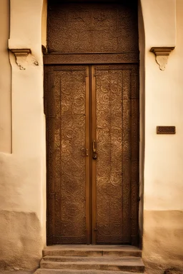 A doorway in Andalucia with iron ornaments on the frame showing rural life elements.