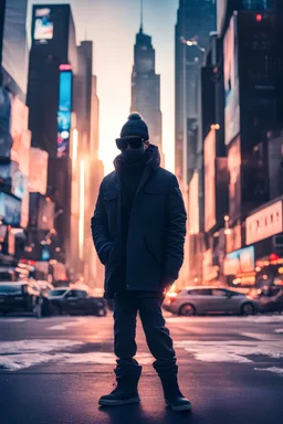 #image shadow guy in New York year 2100 on the street with winter clothes and sunglasses with future time square and a sunset in the background for iPhone wallpaper