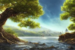 higly-detailed, epic landscape, river, highly detailed, perfect lighting, perfect composition, 4 k, artgerm, hudson river scool, big old tree, sunny day