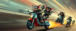 hi speed rocket ship on leaning scooter in a swing, coated rat gremlin captain in high speed pursuit among neon spy vs spy rat cyber soldiers, with background motion blur, airbrush and pen outline