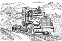 truck monster in the middle of the highway around the hill. Outline, sketch style, only use outline, mandala style, clean line art, white background, no shadows, no clear wall, coloring page, vector style.