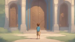 A closed magic portal, in front of which stands a boy with brown hair, a blue shirt and beige shorts