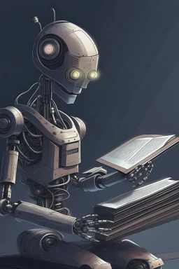 generate a front cover simplistic illustration representation of Ai metalic bot editing a book