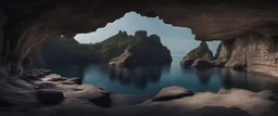 podium for meditation, rocky cave . rocky cliff, water , carved into the rock, dark panorama.