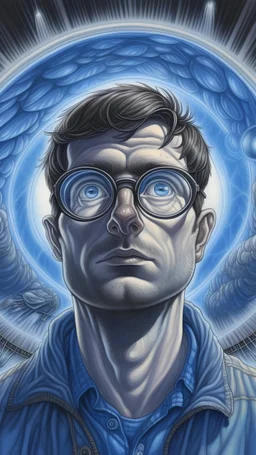 a giant cosmic eye with blue iris beams down onto a barefaced man who wears glasses and a gray plaid flannel shirt , illustrated