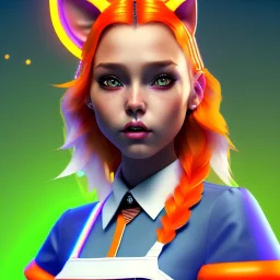 waitress teenager, indian race, cat ears latex headband, rounded face, orange hair, short hair, light makeup, striped shirt, vibrant color, highly detailed, gradient background, concept art, smooth, 16 bit, unreal engine 5, god rays, ray tracing, RTX, lumen lighting, ultra detail, volumetric lighting, 3d, finely drawn, high definition, high resolution.