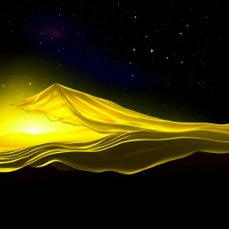a bed flying through a dark yellow sky, golden mist, flowing fabric, starry night