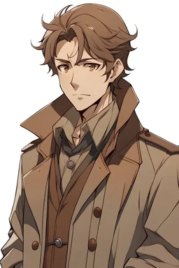 a young man with brown hair and brown eyes, dressed in an old brown anime-themed trench coat