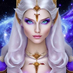 cosmic mage, elf, female, battle mage, epic, cosmic magic, long ears, white hair, face details, pale skin, jewellery, broad shoulders, sharp ears, cosmic clothes, cosmic eyes, ears shown, light out of eyes, the cosmos in eyes, stars in eyes, shining eyes, non human face, thin face, animation, detailed ears, magical eyes, non realistic, closed mouth, bigger make up