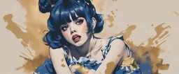 Poster in two gradually, Singer Melanie Martinez face, full body, sit pose, painting by Yoji Shinkawa, darkblue and gold tones,