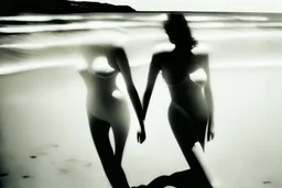 dos mujeres cuyos cuerpos se solapan y entrecruzan, a la orilla del mar, imagen abstracta, fotografía con cámara Leica, objetivo 35 mm