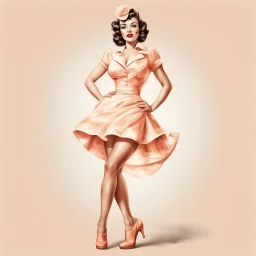 vintage pinup girl wearing peach and white colors, full body, detailed, realistic, isolated on white background