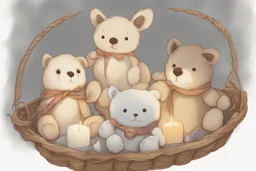 Cute but quirky stuffed animals lie in a carved basket on a soft sling, by candlelight