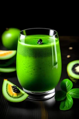 A picture of a glass filled with a bright green smoothie topped with a slice of kiwi and a sprig of mint.