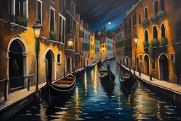 Beautiful photo realistic scene of a canal in Venice, dark night, streetlights and lights on the gondola, realistic, professional award winning oil on canvas, extremely detailed, high definition, elegant,